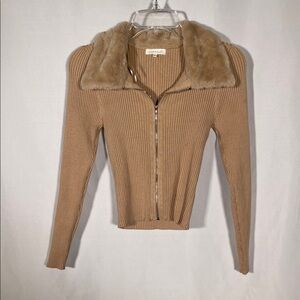 ULTRA FLIRT WOMENS FUR COLLAR ZIP UP RIBBED SWEATER TAN LARGE